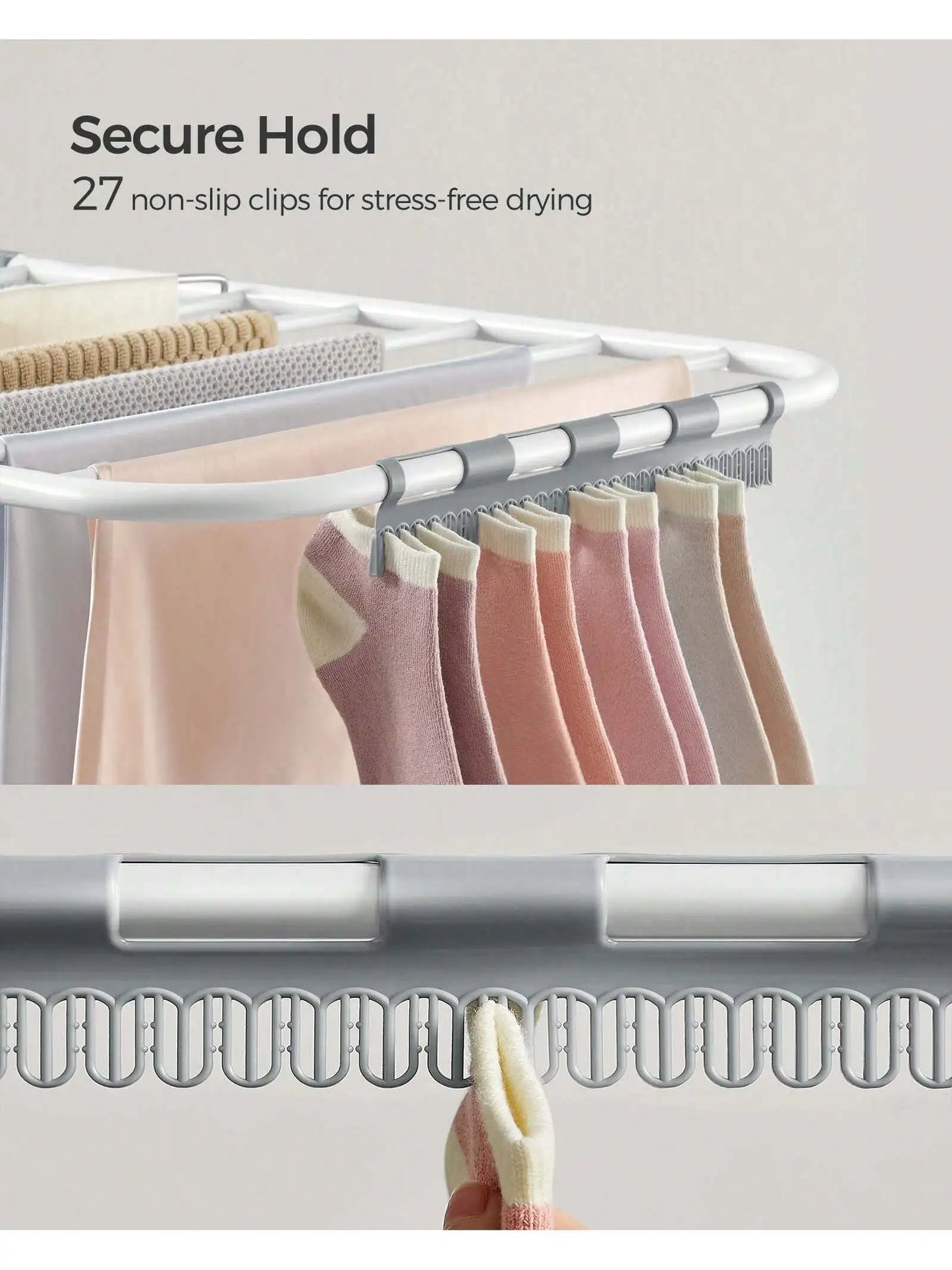 SONGMICS Clothes Drying Rack, With Sock Clips, Metal Laundry Rack, Foldable, Space-Saving, Free-Standing Airer, With Height-A