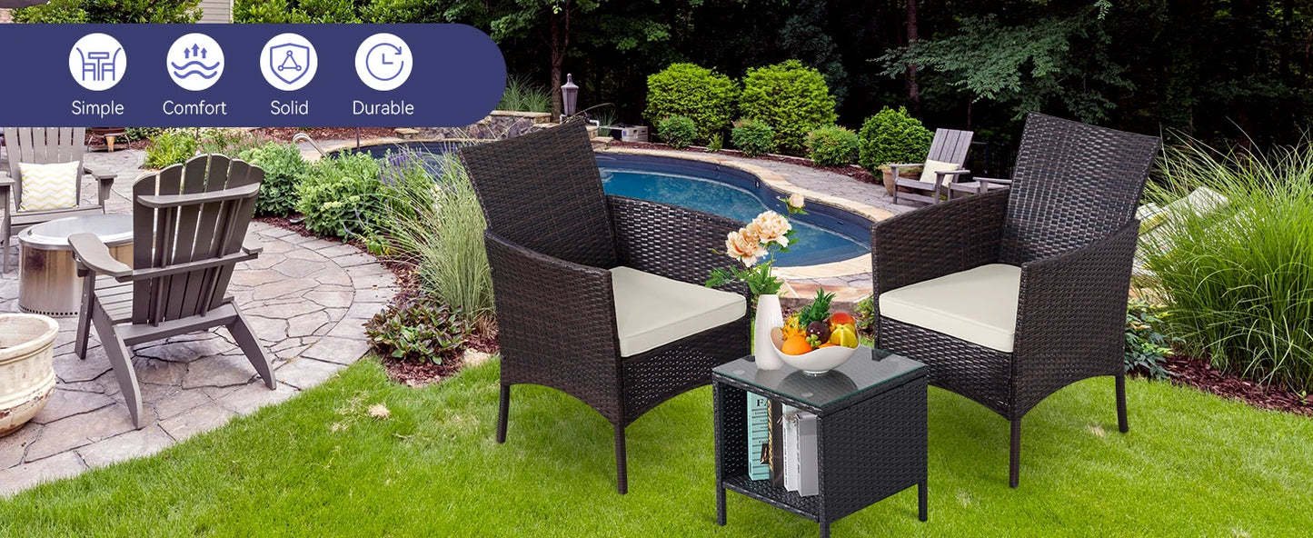 NAGA BAHNA 3-Piece Bistro Set Outdoor Patio Furniture Rattan Chairs Table Soft Cmats Tempered Glass Durable Comfortable Garden
