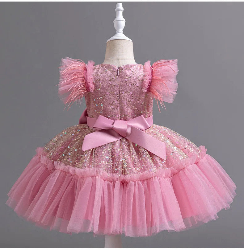 Summer New Girl's Sequin Flying Sleeves Big Bow Mesh Spliced Dress Birthday Party Wedding Flower Girl Princess Dress