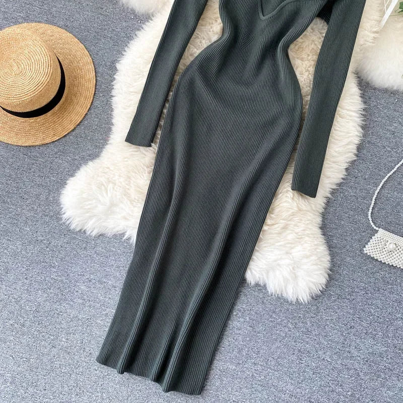 Dresses For Women 2026 Sexy Strapless Ribbed Knitted Bodycon Dress Women Winter Long Sleeve Midi Sweater Dress Clothes