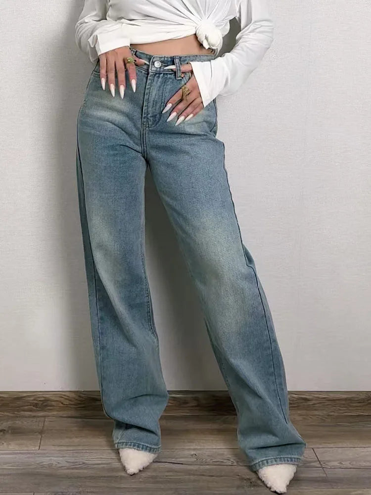Blue Jeans Women High Waist 2025 Loose Casual Boyfriend Long Jeans For Work Ladies Simple Straight Leg Denim Pants For Women
