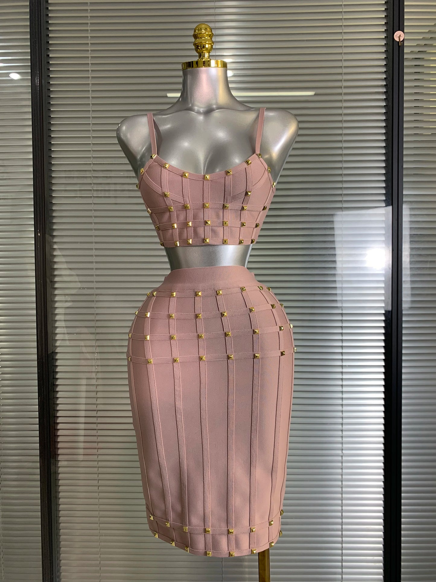 Summer New 2025 Women Sexy Pink Rivet Bandage Two Piece Set Celebrity Evening Party Skirt Suits