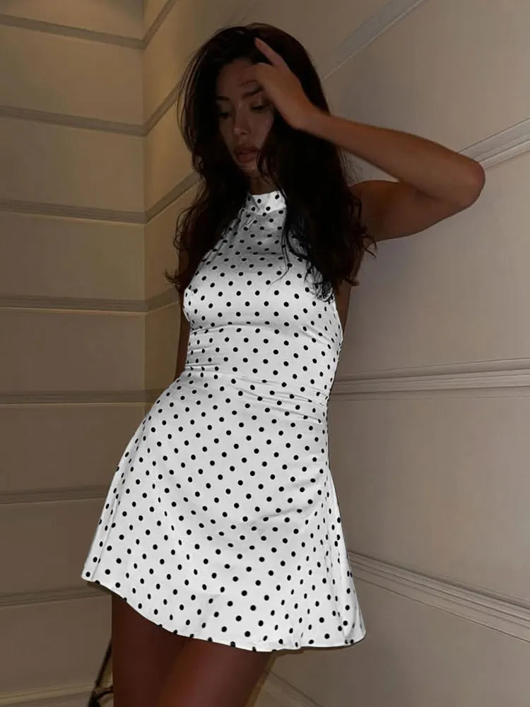 Women's Dresses New Summer Streetwear Fashion Dot Print Halter Dress Sexy Sleeveless Backless Elegant Female Dresses Clothing