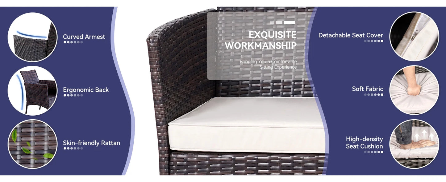 NAGA BAHNA 3-Piece Bistro Set Outdoor Patio Furniture Rattan Chairs Table Soft Cmats Tempered Glass Durable Comfortable Garden