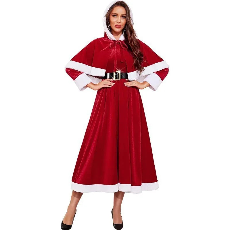 Christmas Themed Performance Dress Red and White Belt Christmas Dress Women Hooded Dress Holiday Party