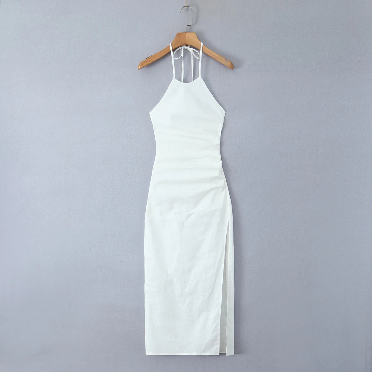 Christmas Dresses Sexy Tie Bow Halter Backless Sling Dress Women Ruched Waist High Side Slit Slim Package Hips Midi Long Robe