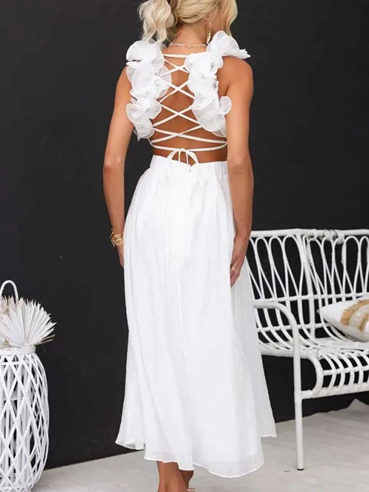 Sleeveless Dresses for Women Elegant Straps Pleated Dress Backless Summer Cotton Linen Dresses High Waist Wholesale Dropshipping