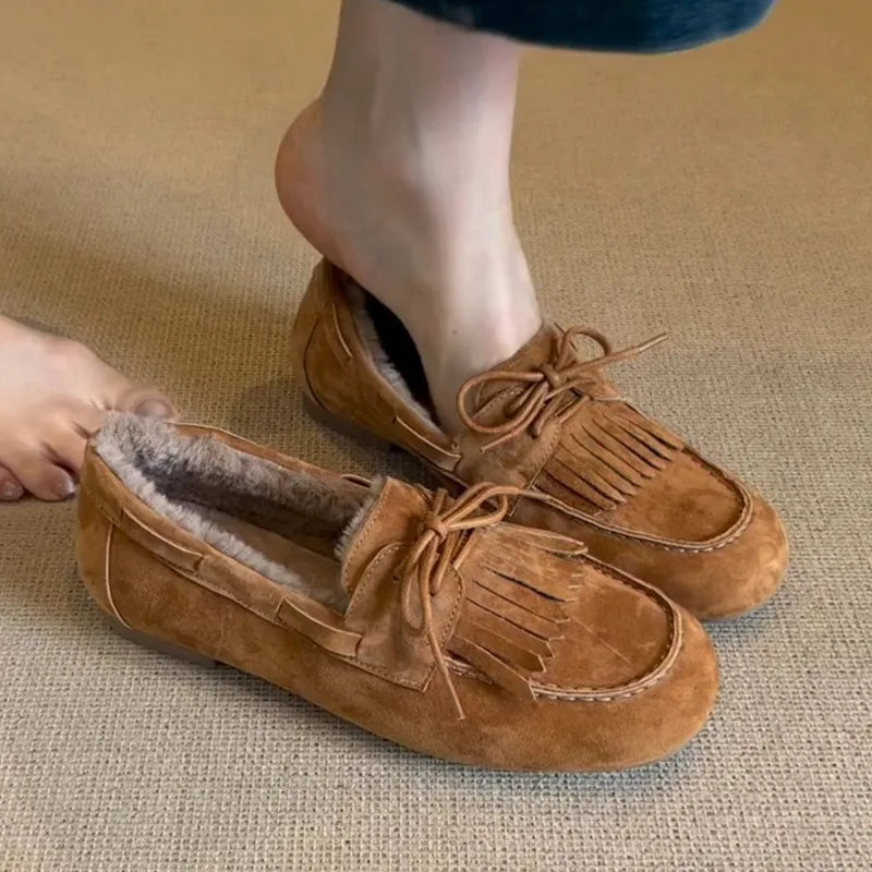 Boots for Women 2025 Hot Sale Warm Women's Flats Daily Casual Flats Women Bow Tie Fringe Round Toe Soft Bottom Boots Ladies