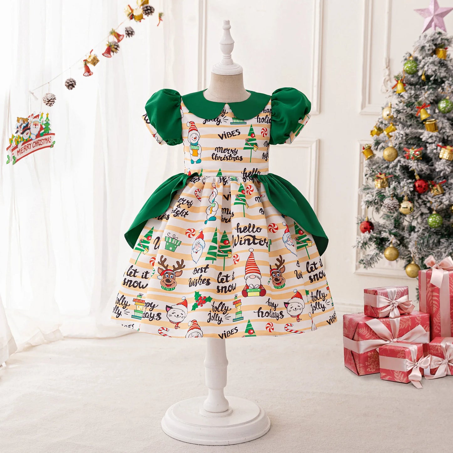 Christmas Dresses Girl Cartoon Print Princess Dress Children Red and Green Sequined Mesh Puff BalL Gown Carnival Clothes