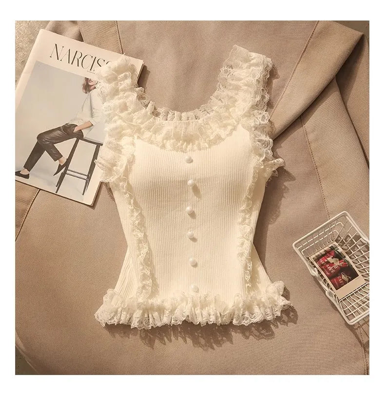 Korean Lace Patchwork Crop Top Women U-Neck Knitted Stretch Tank Top 2025 Summer Female White Lace Stretch Cami