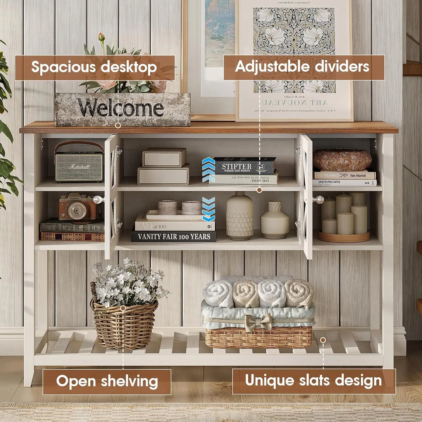 Vabches Entryway Table with 2 Screen Doors&5 Open Storage Shelves&Sturdy Legs White Wood Console Table for Living Room Hallway