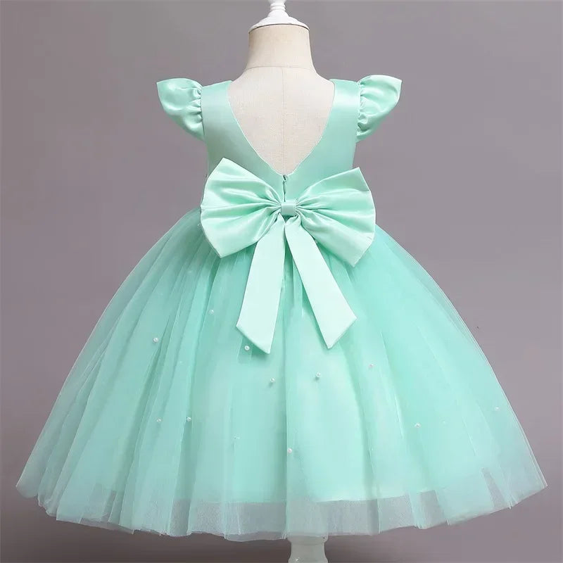 Toddler Girl Flower Birthday Tulle Dress Backless Bow Wedding Dress Kids Christmas Party Princess Dress Baby Girl Clothes