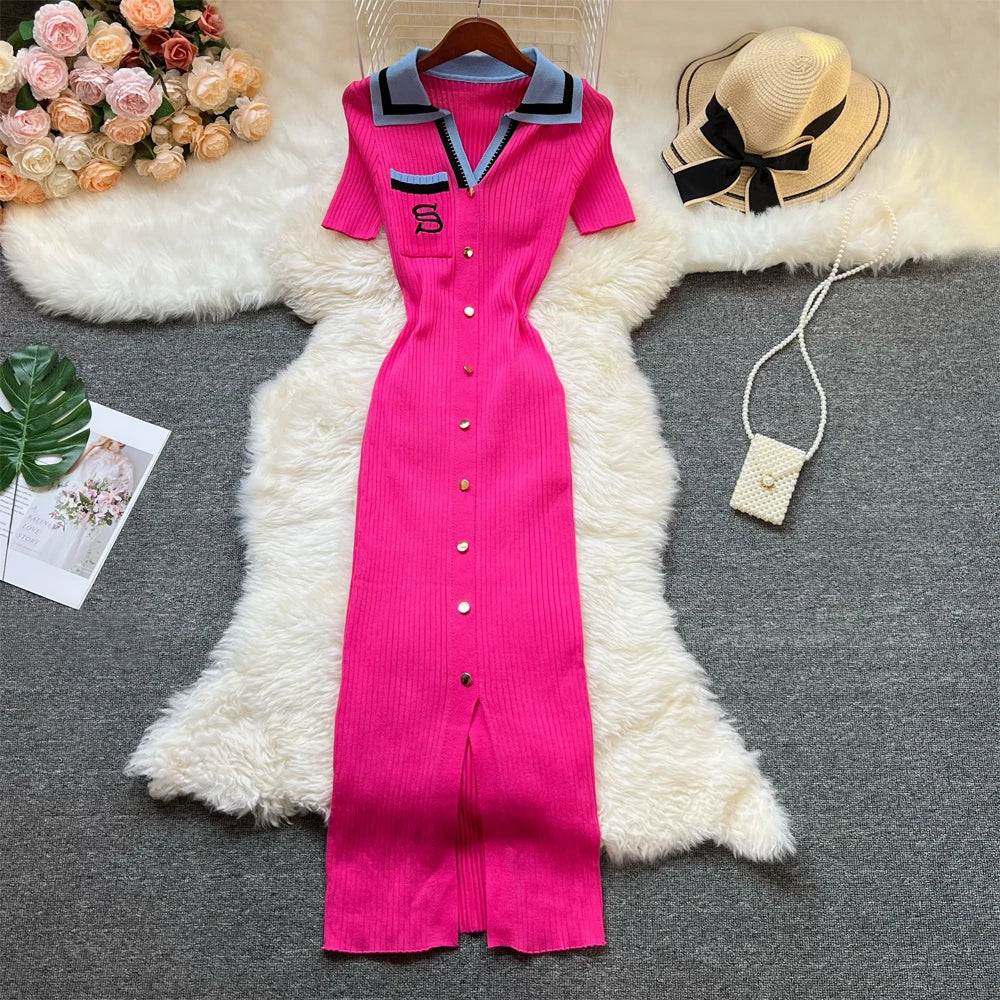 YuooMuoo Chic Fashion Sexy Package Hips Knitted Long Dress Women Brand Fashion Turn-down Collar Embroidery Bodycon Shirt Dress