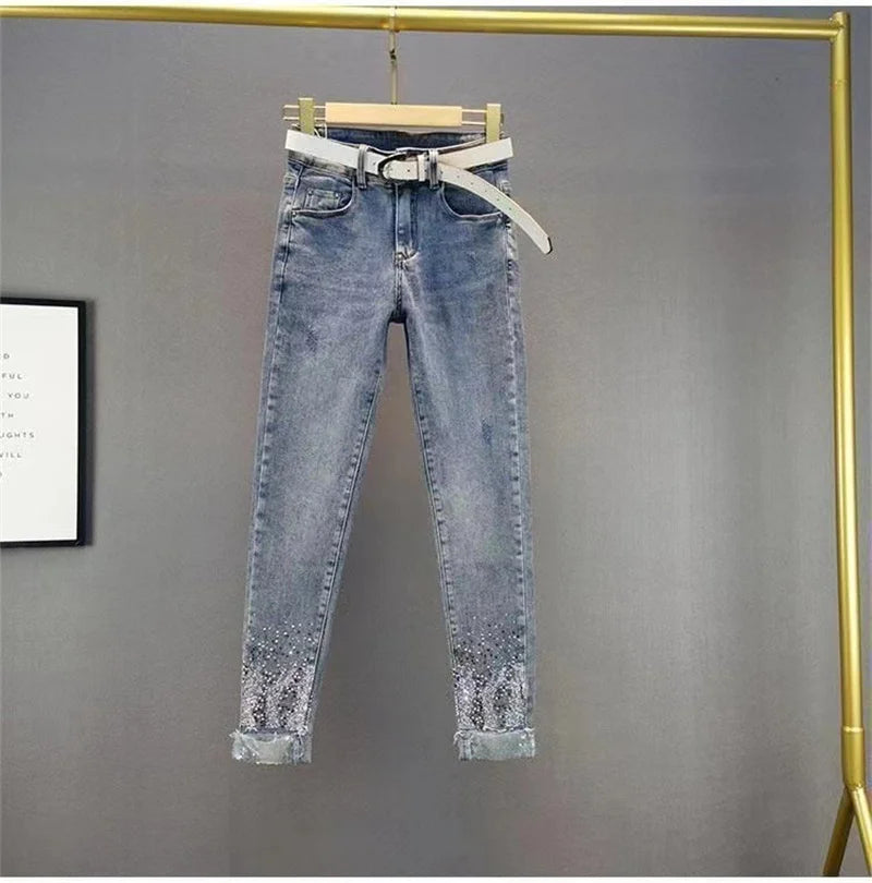 2025 Ladies Jeans Heavy Industry Rhinestone Skinny Jeans Women Spring Summer High Waist Denim Pants Korean Street Stretch Pants