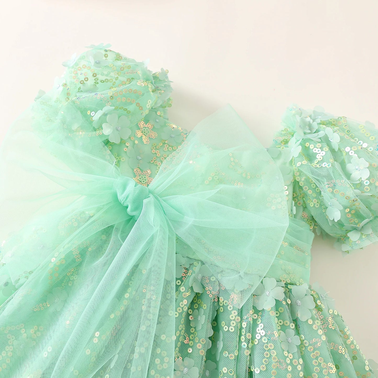 New Summer Teenager Girl's Dress Short Puff Sleeves Square Collar Appliques Large Bow Sequin Mesh Princess Lovely Clothing H7004