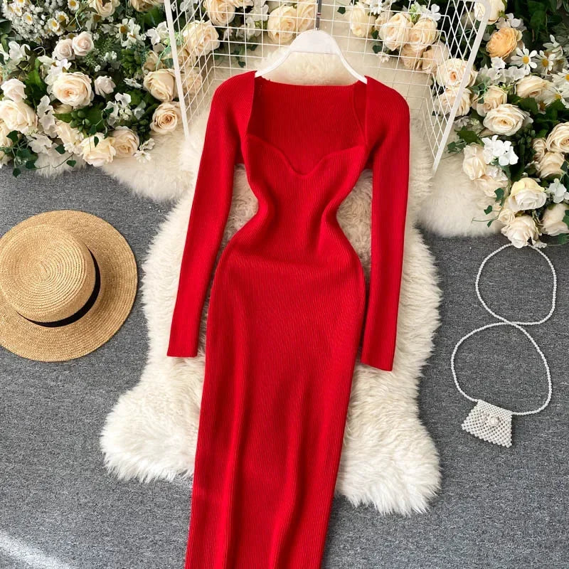 Dresses For Women 2026 Sexy Strapless Ribbed Knitted Bodycon Dress Women Winter Long Sleeve Midi Sweater Dress Clothes