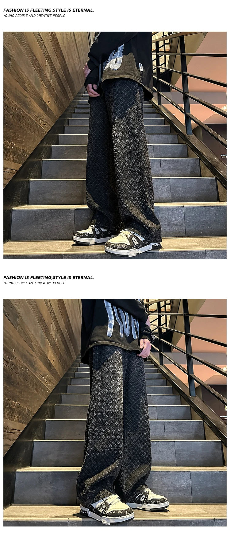 Jeans men Fashion hombre Jacquard Pattern Denim Pants Male Straight Fitting Baggy Bottoms Distressed Wide Jeans For Men