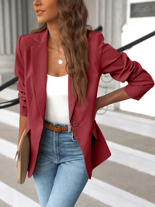 [Long Sleeve Work Blazer Jacket] Solid Lapel Blazer Jacket, Casual Long Sleeve Work Office Outerwear With Pockets, Women's Clothing