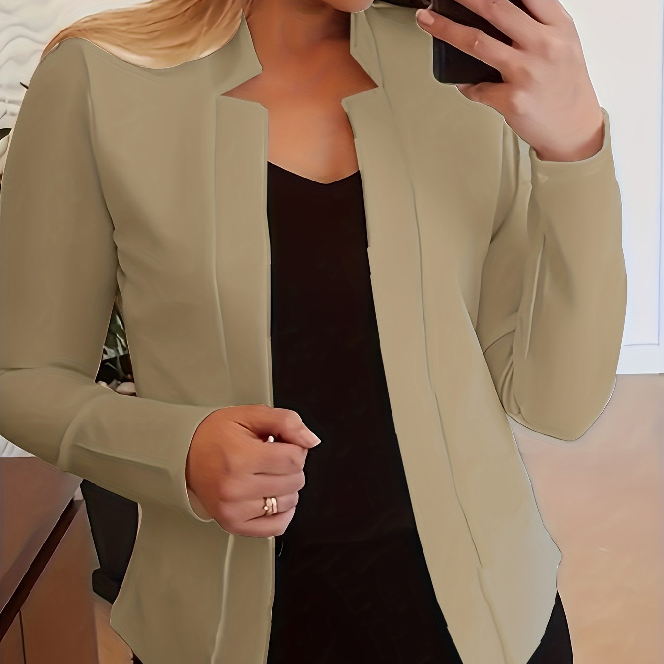 [Everyday Comfort] Women's Elegant Solid Color Polyester Blazer - 95% Polyester, 5% Spandex Knit Fabric, All-Season Stand Collar Jacket for Adults
