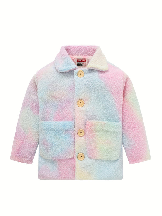 Girls' Cozy Fleece Jacket - Two-Tone Color Block with Plush Lining, Long Sleeves & Button Front, Casual Korean Style Winter Outerwear for Youngsters, Youngsters'S Winter Jacket | Buttonup Front Jacket | Plush Lining Jacket