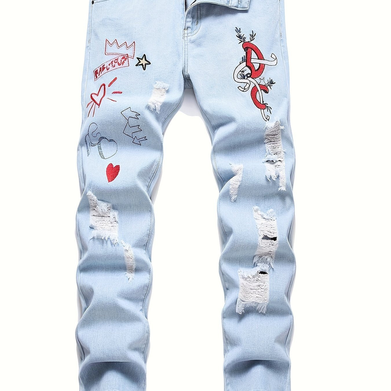 Men'S Slim Fit Letter & Heart Embroidered Ripped Jeans for men