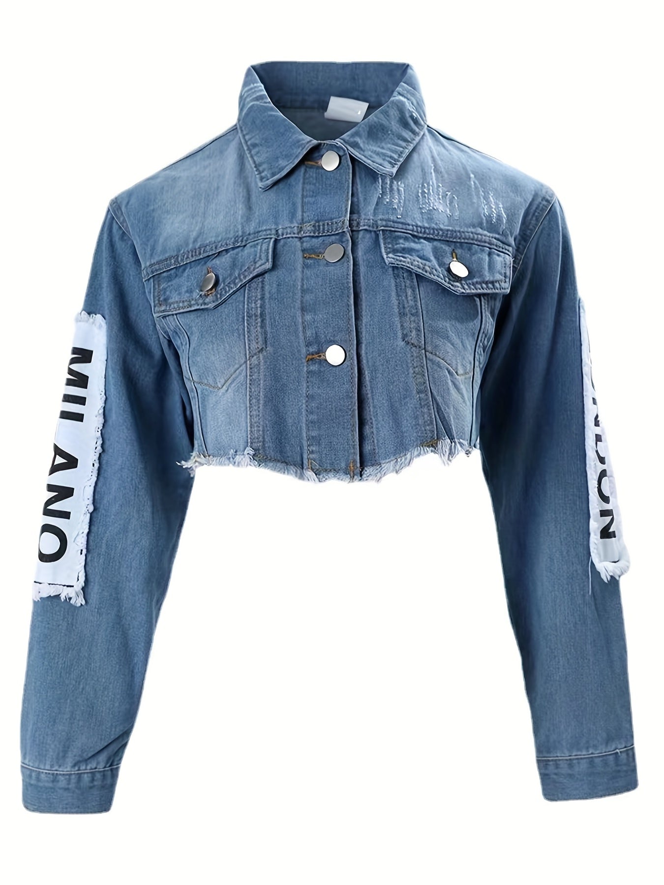Vibrant Blue Alphabet Print Cropped Denim Jacket - Long Sleeves, Raw Hem, Lapel Collar, Non-Stretch, Woven, Casual Coat for Spring/Summer - Womens Personality Denim Clothing