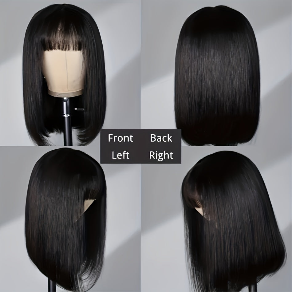 [180% Full Human Hair Bob Wig] Straight Short Bob Wig With Bangs 100% Human Hair Full Machine Made Bob Wigs Glueless Straight Wigs For Women 180%
