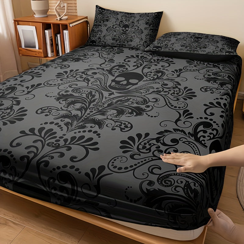 3PCS Bed Sheet Set (1 Bed Sheet + 2 Pillow Cases) - Home Dormitory High Definition Skull Black & Gray Floral Print