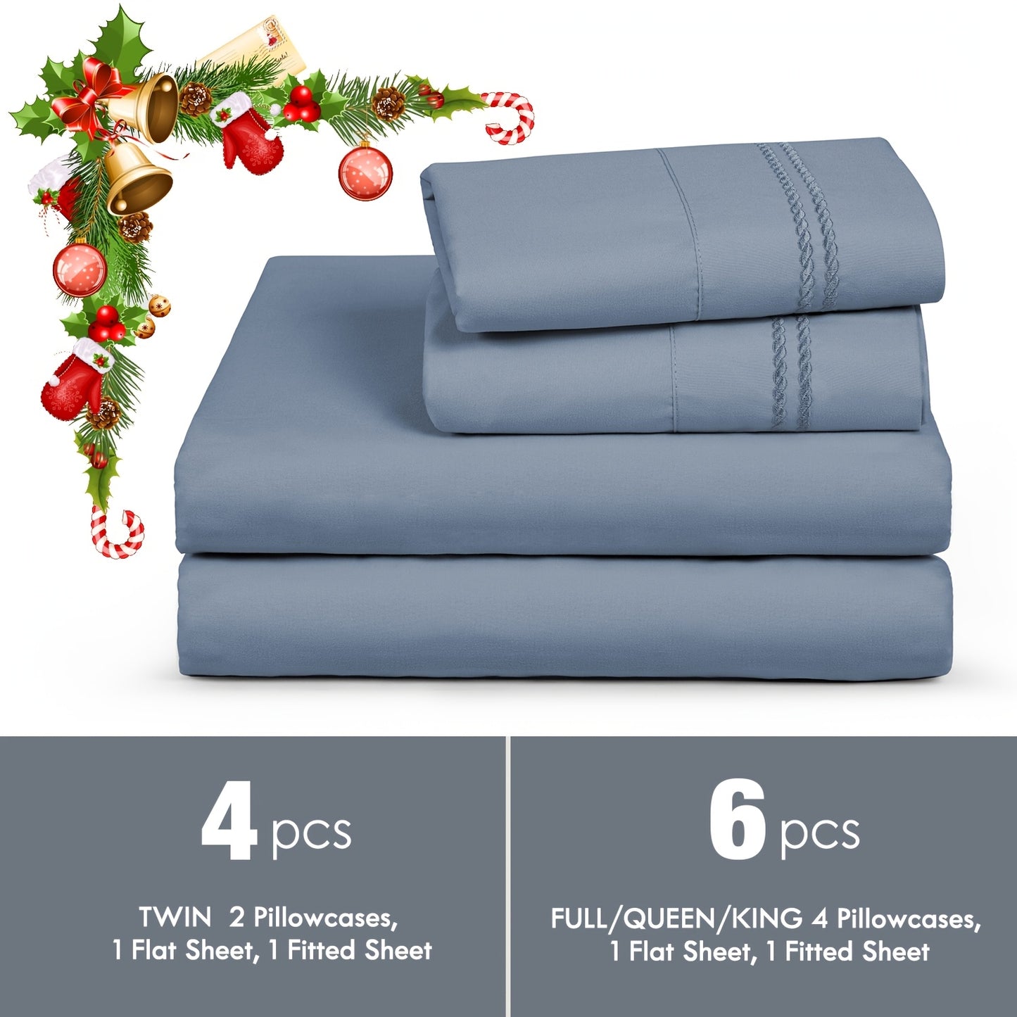 ClevaHome 6pcs Sheet Set Deep Pocket- Ultra Soft Machine Washable Luxury Bed Sheet Set - Shrinkage & Fade Resistant Embroidered Bedding Sheet, Christmas Bedding Supplies Replacement (4PCS for TWIN Size Sheet)