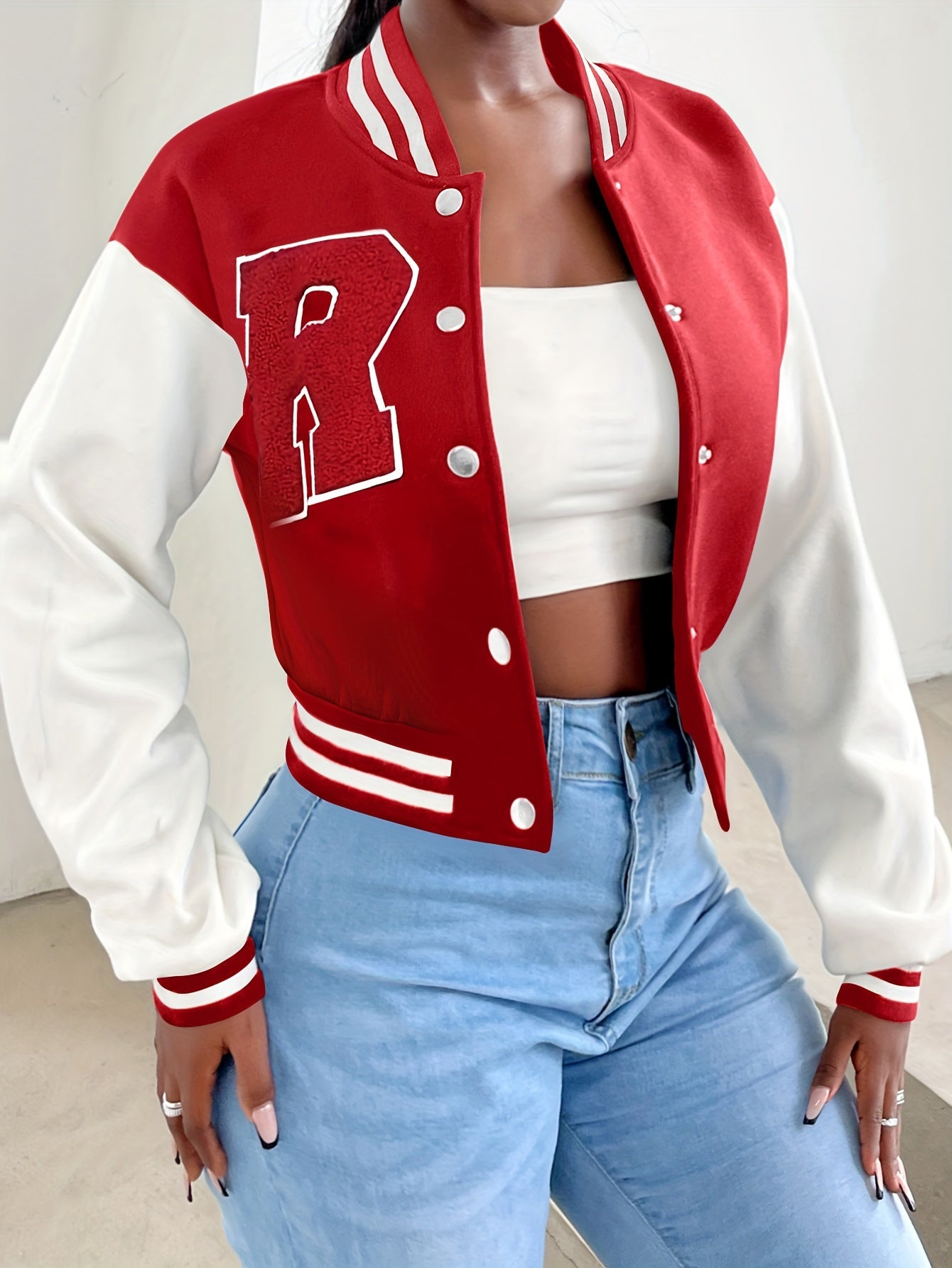R Pattern Button Up Crop Bomber Jacket, Preppy Long Sleeve Jacket For Fall & Winter, Women's Clothing