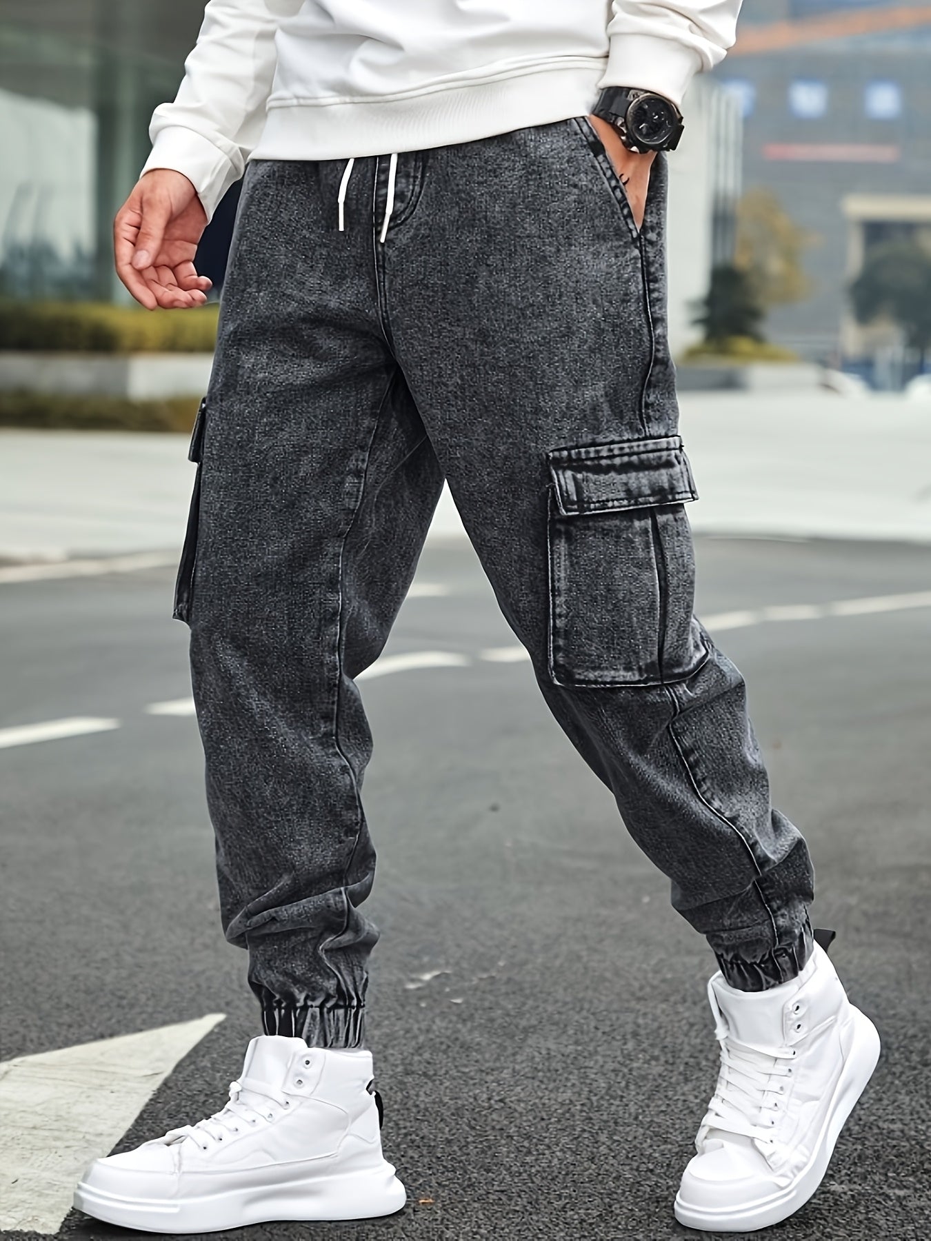 Cargo Jeans For Men Multi Pockets Elastic Waist Denim Casual Streetwear Comfort Pull On Jeans Menswear Pants Soft Denim