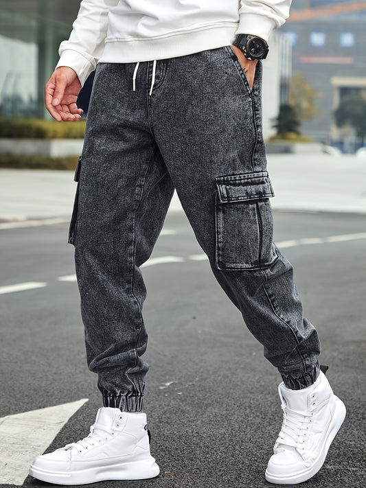 Cargo Jeans For Men Multi Pockets Elastic Waist Denim Casual Streetwear Comfort Pull On Jeans Menswear Pants Soft Denim