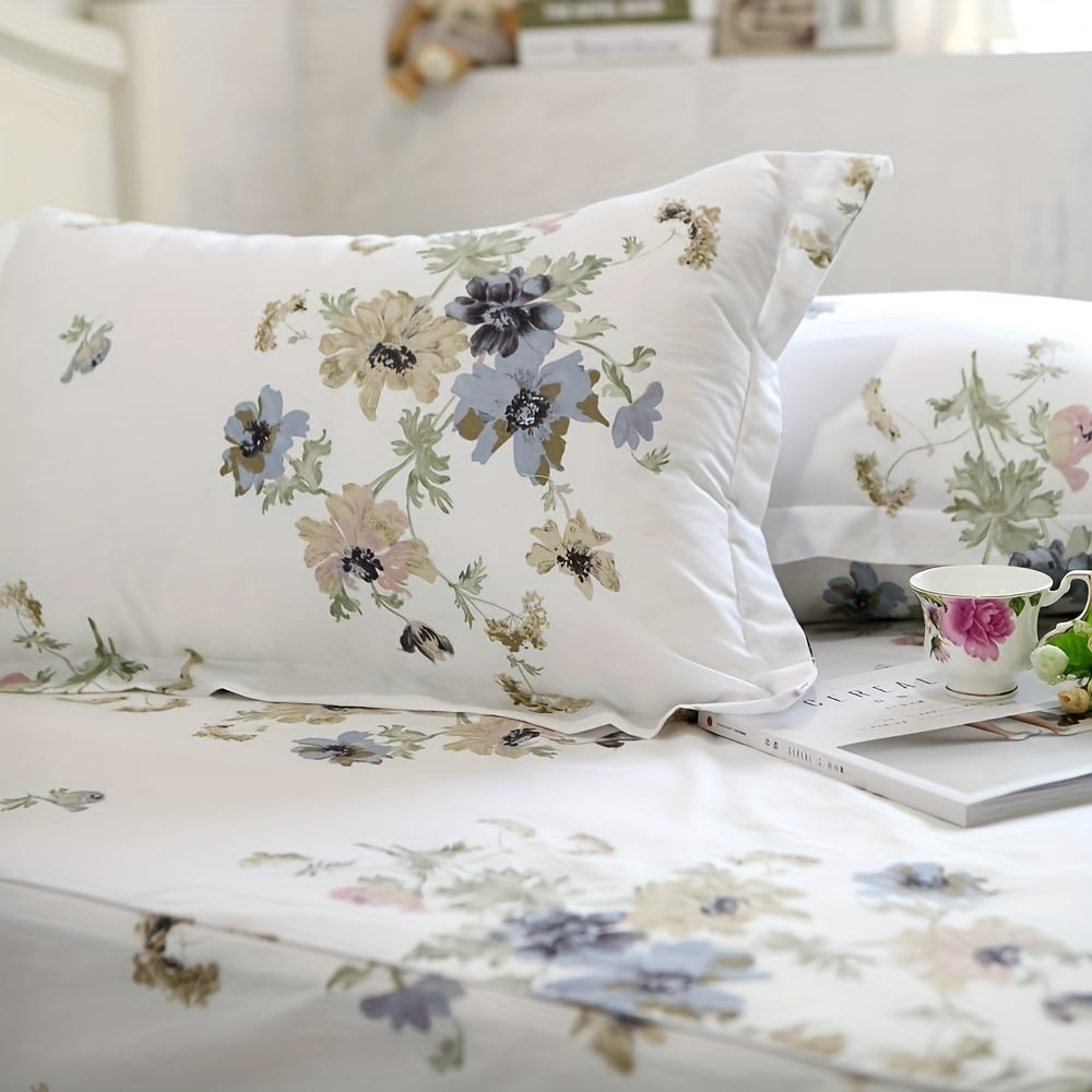 4-Piece White Floral Shabby Chic Bed Sheet Set - 100% Soft Cotton, Breathable, Hypoallergenic, and Gentle on Skin - Luxurious Bedding for a Comfortable Sleeping Experience