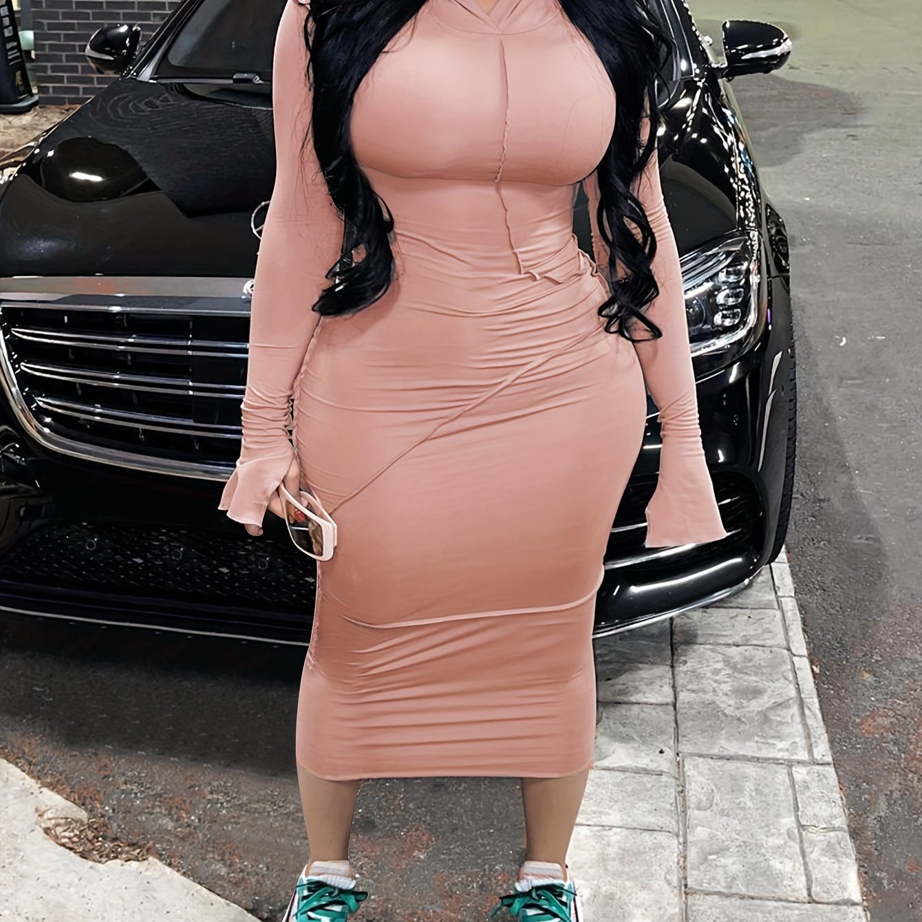 Stylish Solid Hooded Bodycon Maxi Dress - Women's Long Sleeve Casual Dresses for Spring & Fall - Comfortable, Versatile, and Chic Clothing for Everyday Wear
