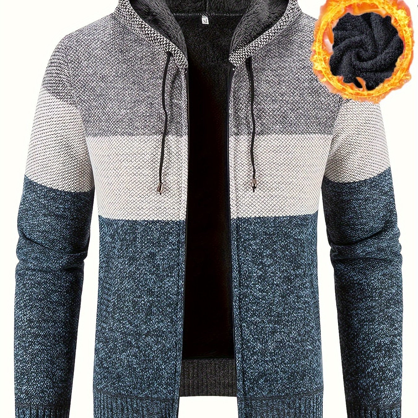 Warm Zip Up Hooded Fleece Jacket Sweater, Men's Casual Slightly Stretch Color Block Cardigan For Fall Winter