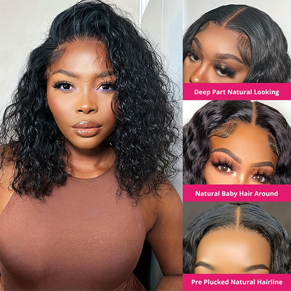 150% Density Water Wave Bob Wig - 13x4 Lace Frontal, Pre-Plucked Natural Hairline, Remy Brazilian Human Hair, Short Curly Style for Women, Versatile & Stylish Look, Hair Wig, Cranberry
