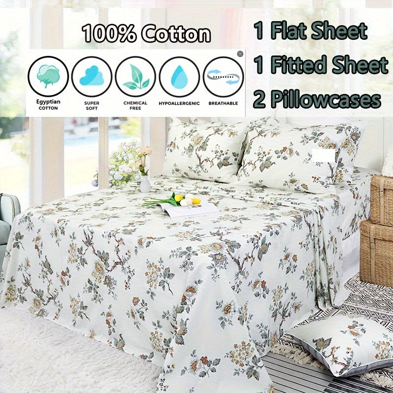 4Pcs Sheets Set Elegant Floral Bedding Shabby Beige Bird Print Flower Bed Sheet Set Vintage Farmhouse Bedding 100% Cotton Ultra Soft Girls Bedding with Deep Pocket Fitted Sheet