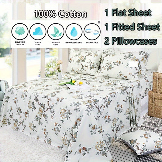 4Pcs Sheets Set Elegant Floral Bedding Shabby Beige Bird Print Flower Bed Sheet Set Vintage Farmhouse Bedding 100% Cotton Ultra Soft Girls Bedding with Deep Pocket Fitted Sheet