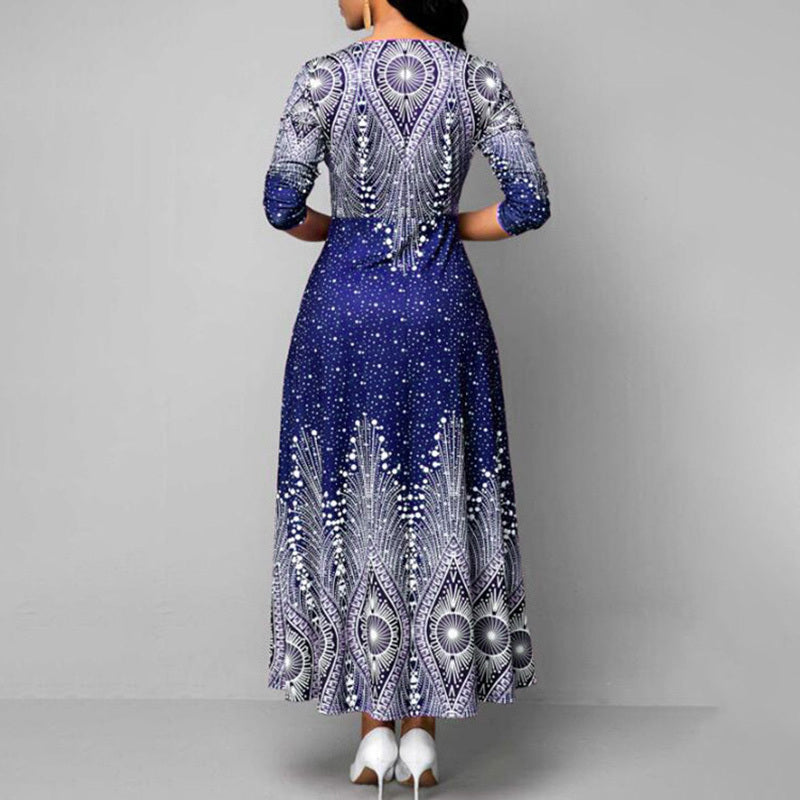 Women's Plus Size Elegant V-Neck Long Sleeve A-Line Dress With Starry Sky Print, Slim-Fit Flowy Maxi Dress For Holiday & Party Wear