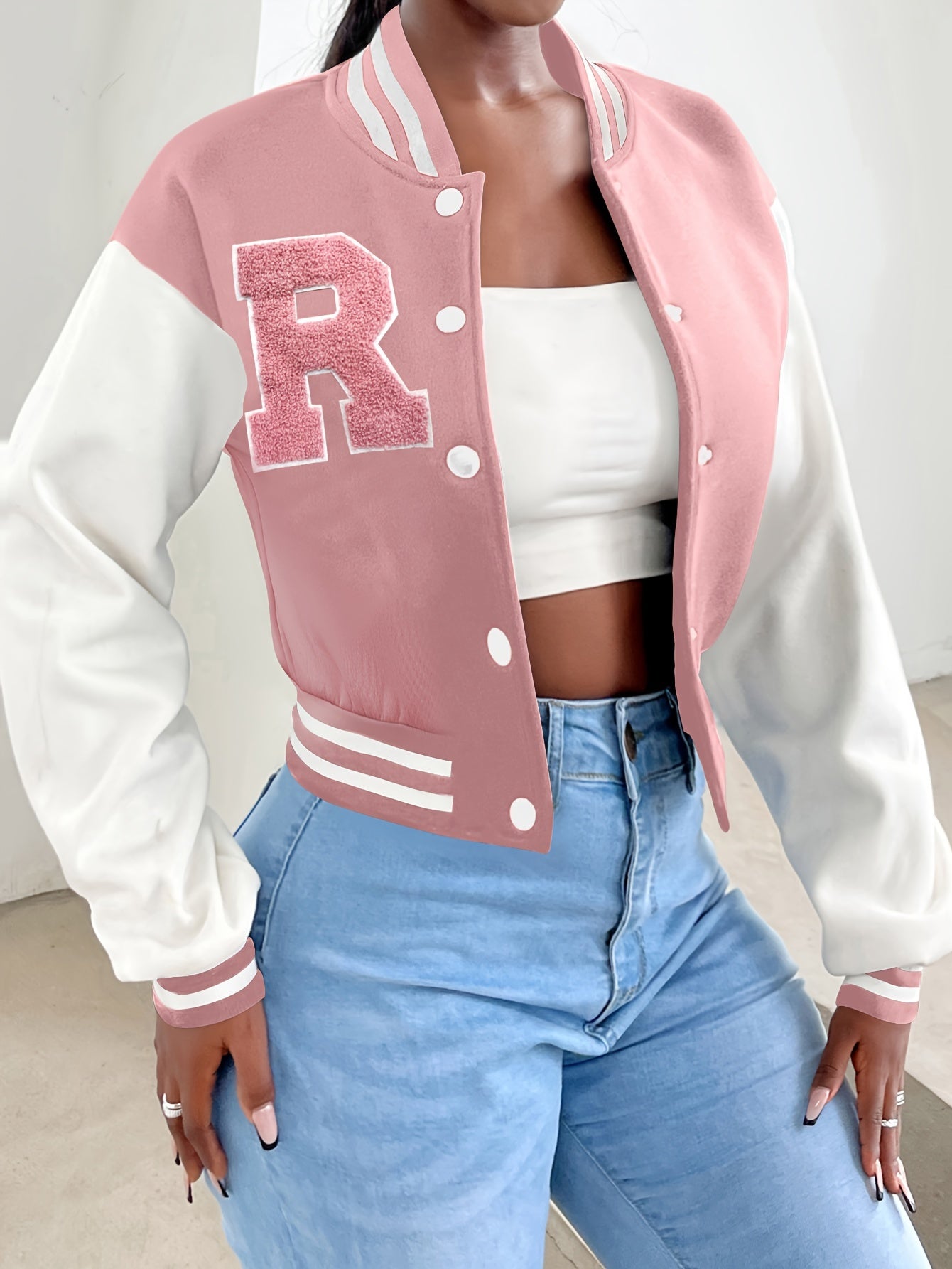 R Pattern Button Up Crop Bomber Jacket, Preppy Long Sleeve Jacket For Fall & Winter, Women's Clothing