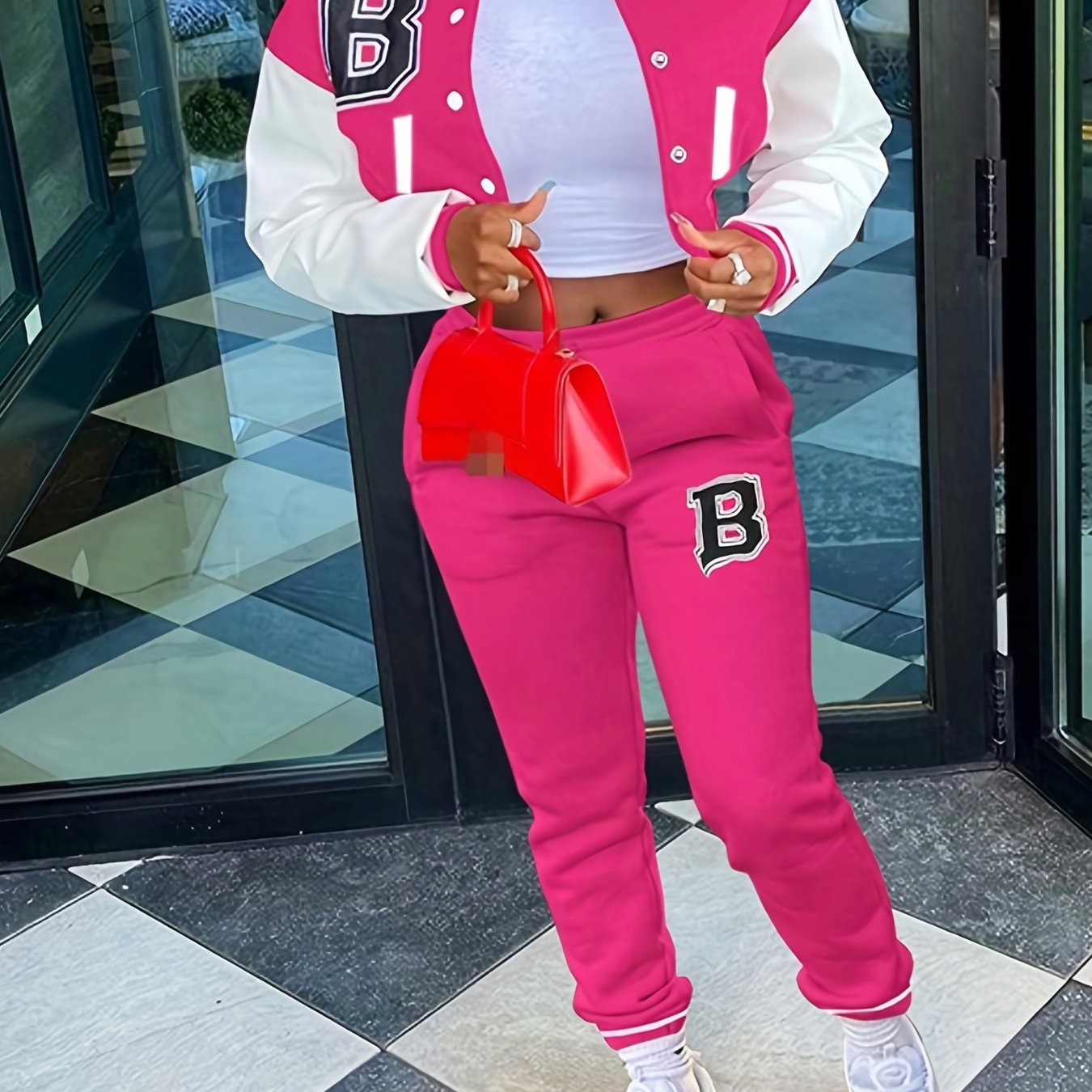 Sporty Chic, Women's Casual Letter Print Baseball Jacket and Pants Set - Red and White, Polyester Blend, Machine Washable, Fall/Winter Fashion Ensemble