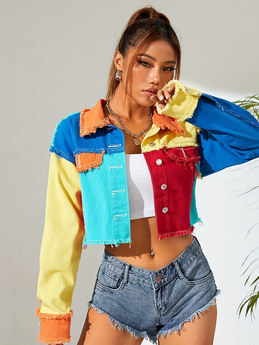 Women's Colorblock Raw Hem Denim Jacket - Street Style Lapel Coat with Long Sleeves and Patchwork Design
