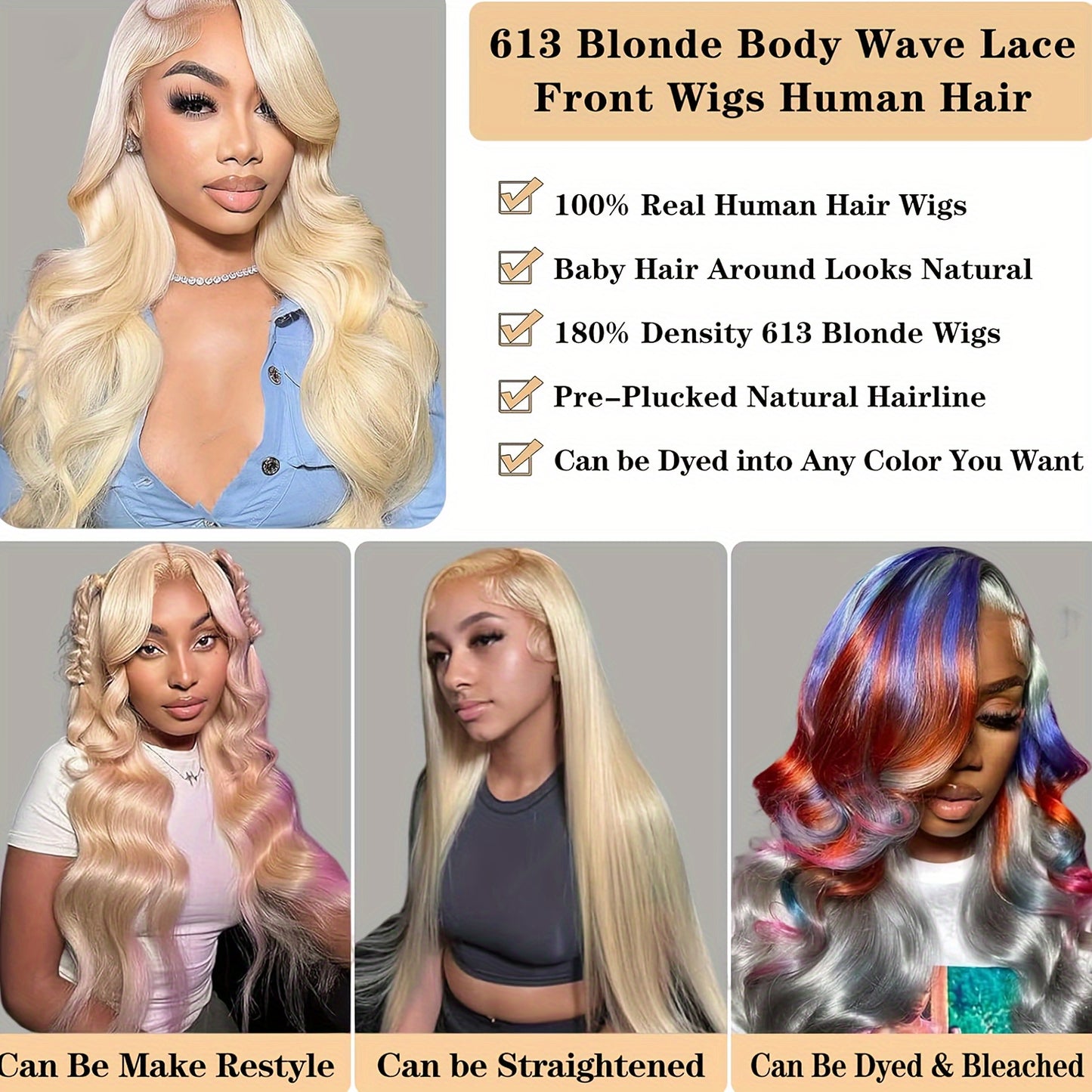 613 Lace Front Wigs Human Hair 180% Density 13x6 HD Transparent Lace Front Body Wave Wigs Human Hair Pre Plucked with Baby Hair Wigs 613 Blonde Lace Frontal Human Hair Wigs(16-36 inch, 613)