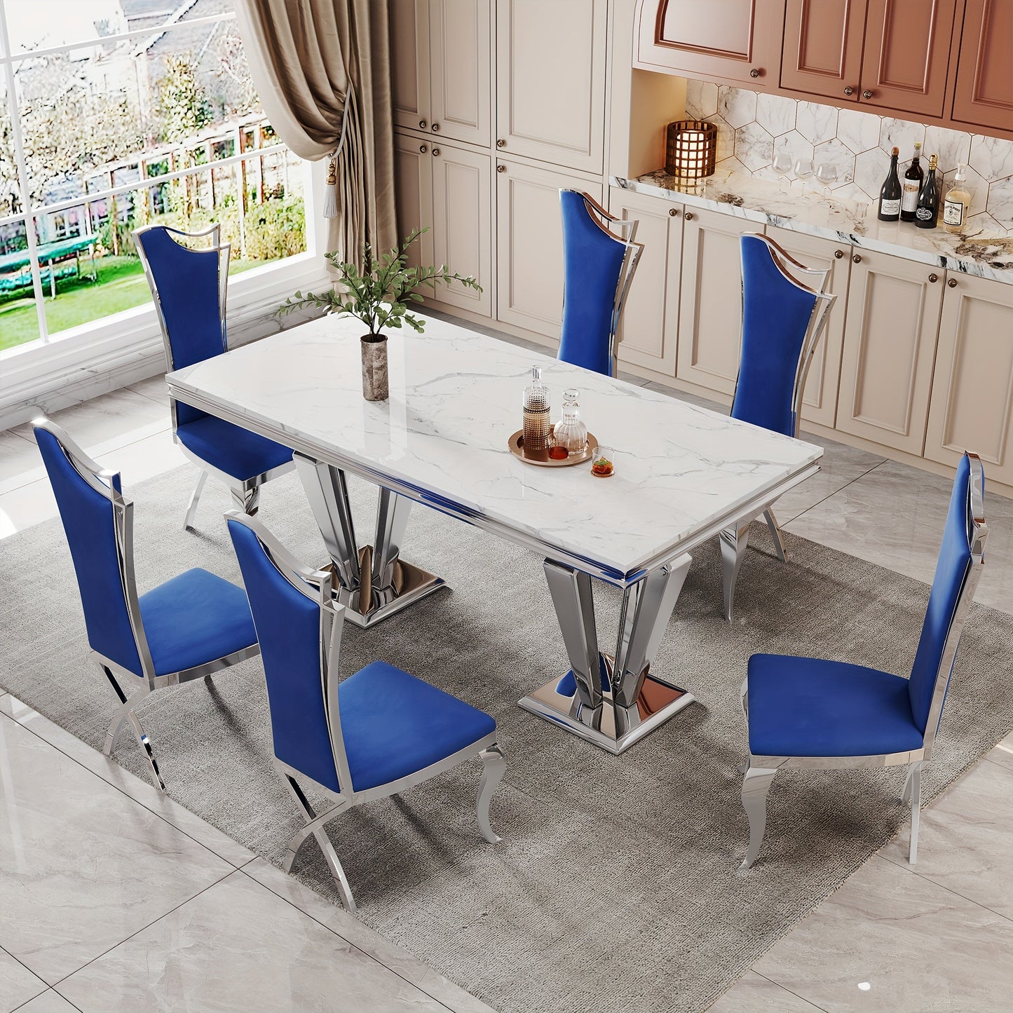 7-piece Table And Chair Set, Mid-century Modern Dining Table Set, Suitable For 6-8 People, Including A 70-inch Faux Marble Dining Table And 6 Leather Dining Chairs. Suitable For Restaurants, Kitchens, Hotel Restaurants.