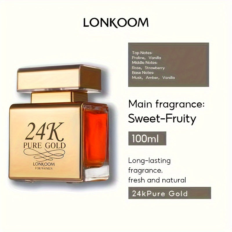3.38oz Eau De Parfum For Women, LONKOOM 24K Pure Gold, Refreshing And Long Lasting Fragrance With Fruity Notes, Perfume For Dating And Daily Life, A Perfect Gift For Her
