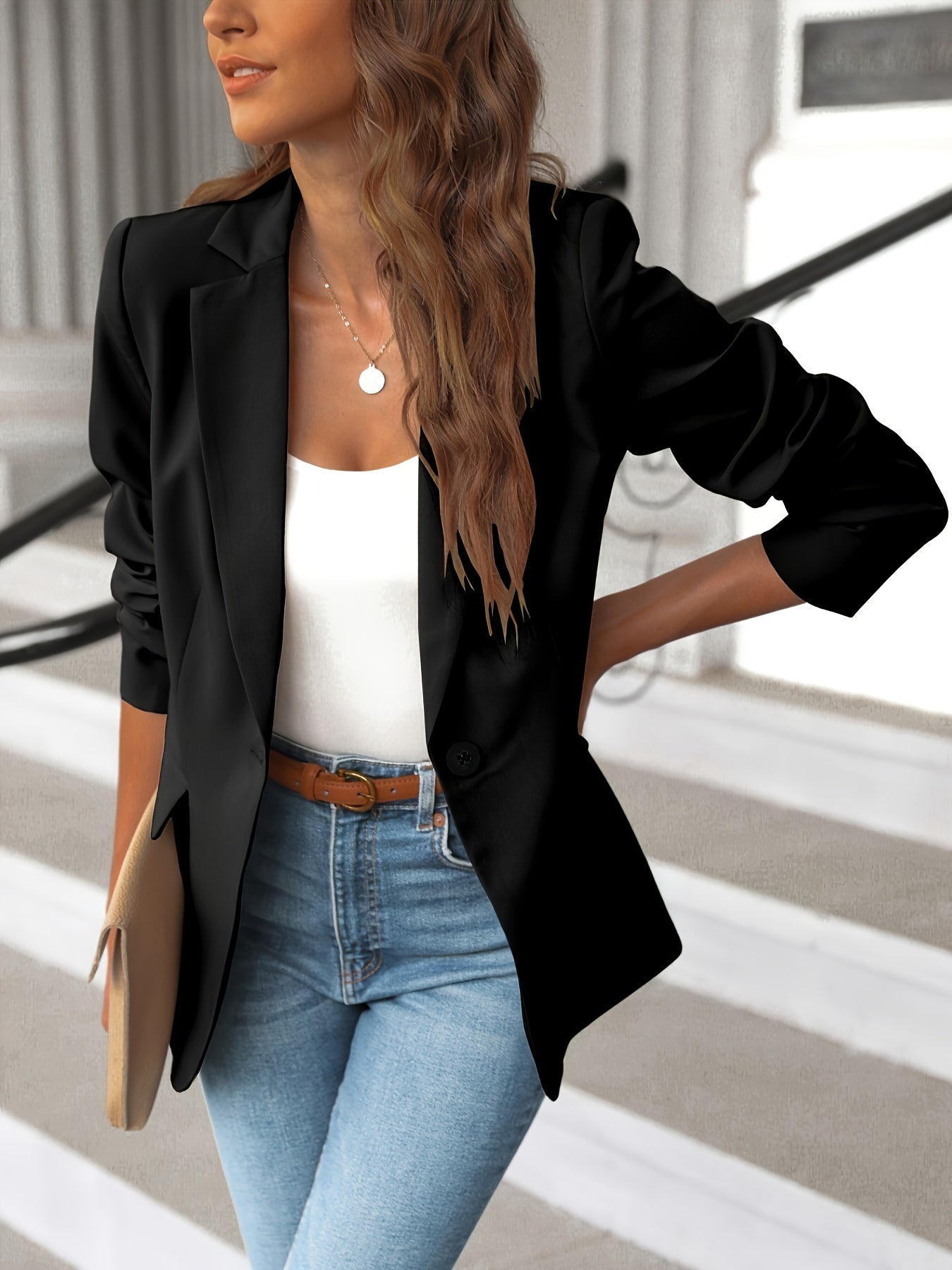 [Long Sleeve Work Blazer Jacket] Solid Lapel Blazer Jacket, Casual Long Sleeve Work Office Outerwear With Pockets, Women's Clothing