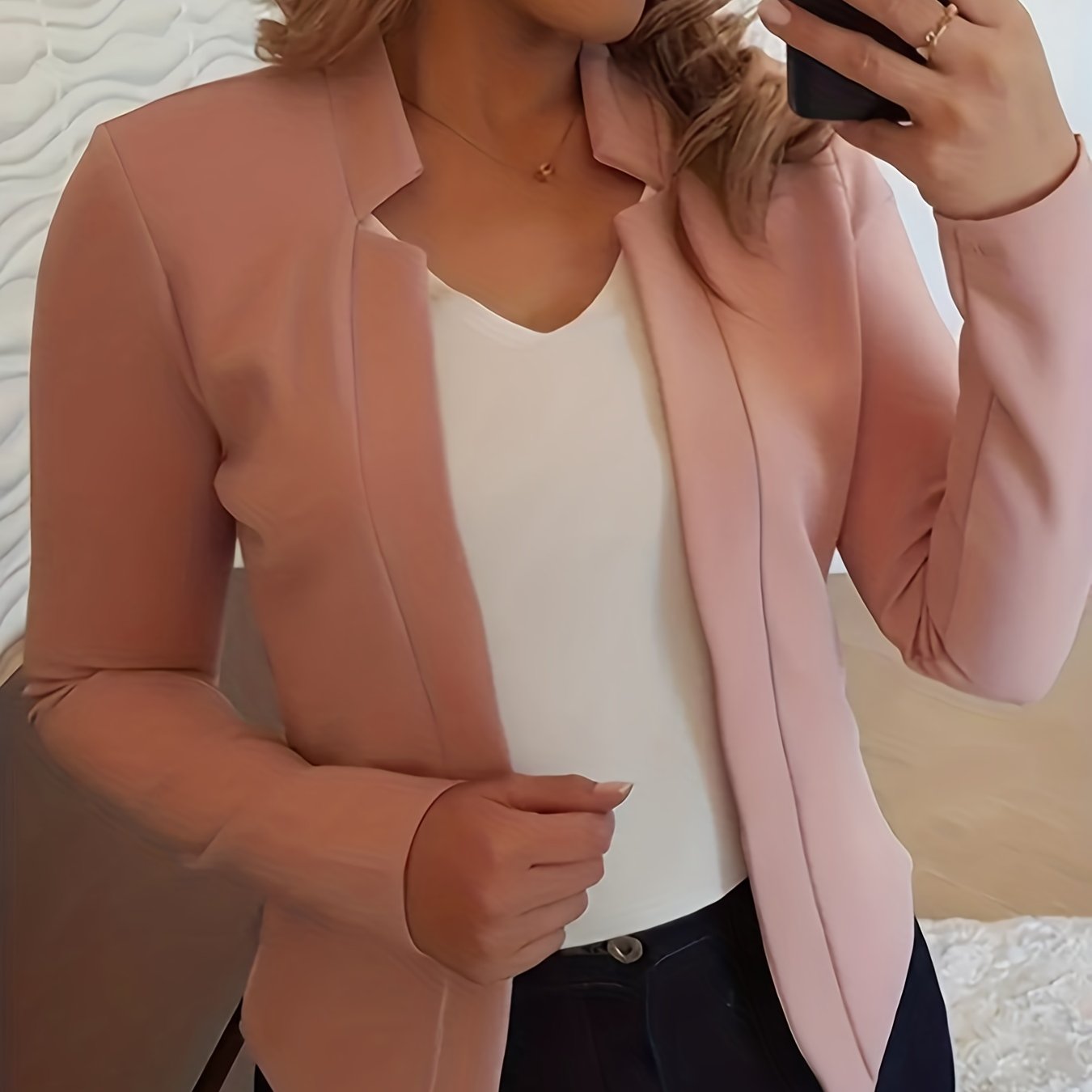[Everyday Comfort] Women's Elegant Solid Color Polyester Blazer - 95% Polyester, 5% Spandex Knit Fabric, All-Season Stand Collar Jacket for Adults