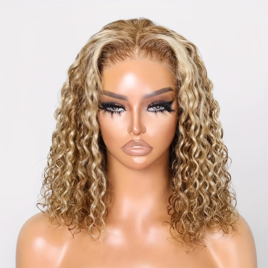 KLAIYI 14Inch Glueless Bob Wig Human Hair - 7x5 Pre-Cut Lace Front, Honey Blonde Ombre Water Wave, 30S Easy Wear, Pre-Bleached & Pre-Plucked, Tangle-Free, No Glue Needed, 150% Density, True to Length, 100% Brazilian Human Hai