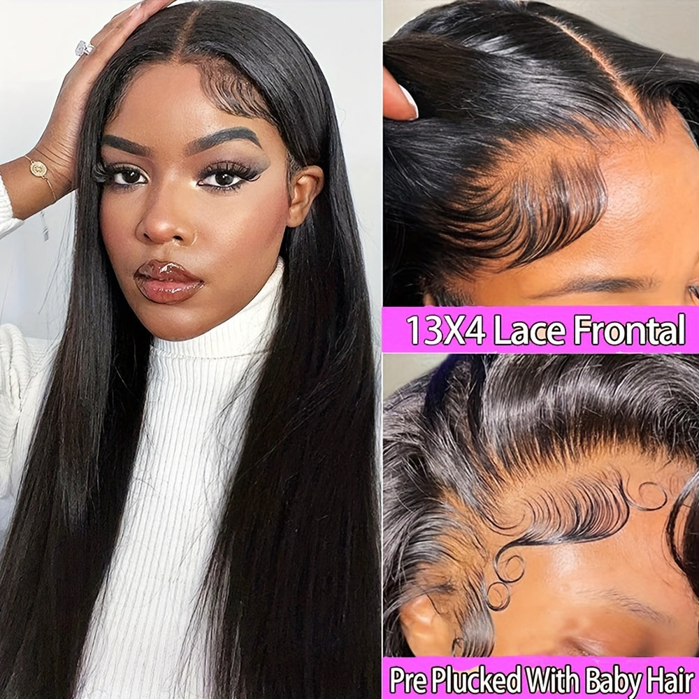 180% Density Brazilian Human Hair Straight Lace Front Wig - Ultra-Realistic & Pre-Plucked with Lush Baby Hair - Full 13x4 Coverage for Women - Timeless Black