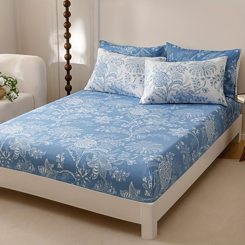7pcs Blue Flower Plant Design Two-sidedlarge Sizeextra Large Quilt Set (1 Quilt +1 Bed Cap +1 Bed Sheet +4 Pillowcase Without Pillow Core), Contains Padding 180gsm Quilting Soft Ventilate The Four Seasons Apply Bedroom Dormit
